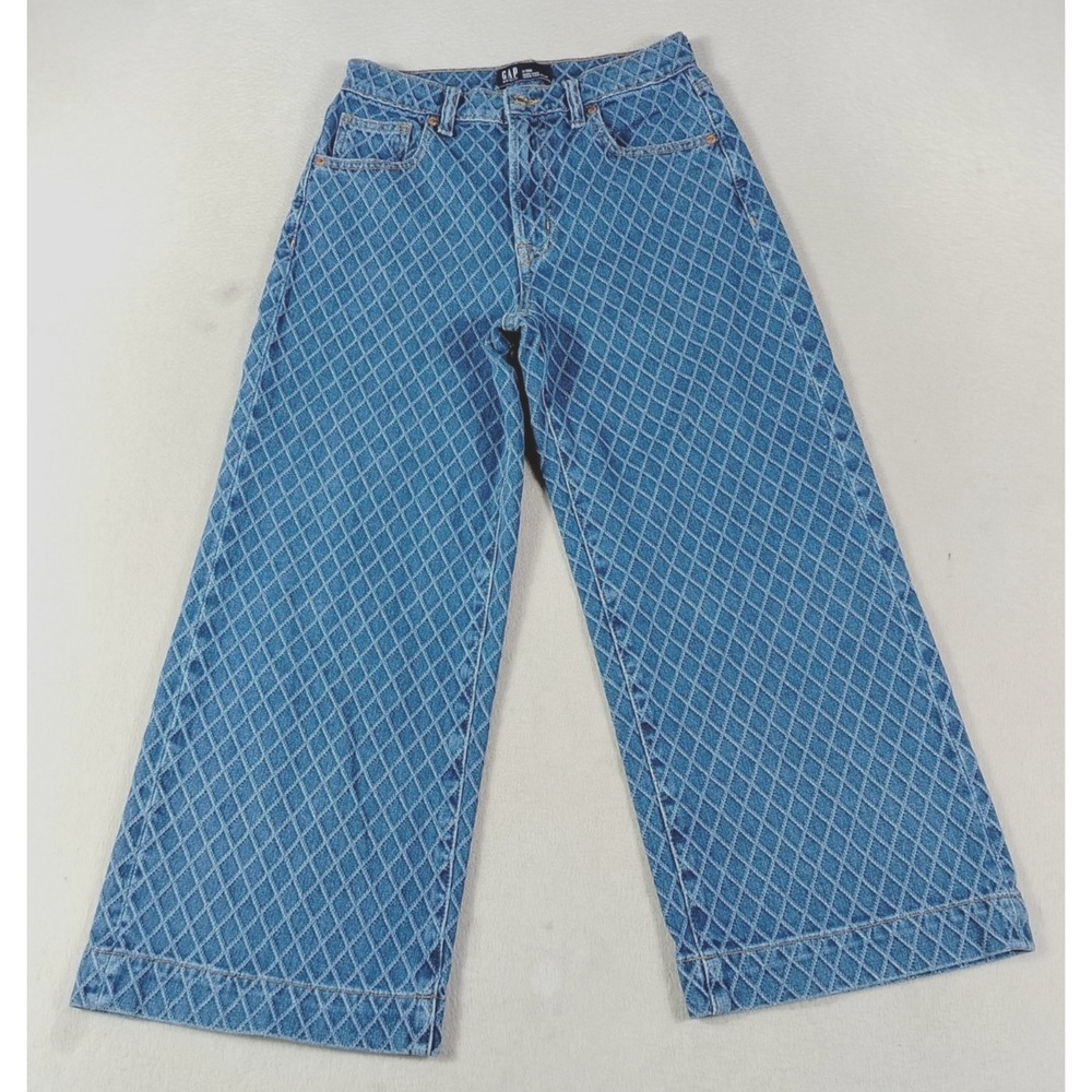 Gap Jeans Womens 2 Blue High Rise Wide Leg Crop Diamond Quilted Geometric Cotton